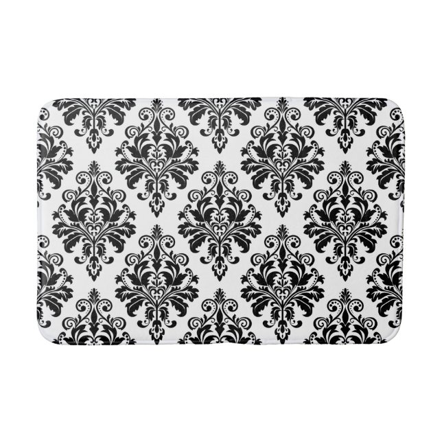 Elegant Black and White Damask Pattern Bath Mat (Front)