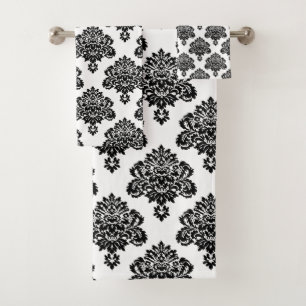 Elegant Black and White Damask Pattern Bath Towel Set
