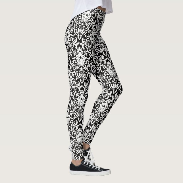 Elegant Black and White Damask Pattern Leggings (Right)