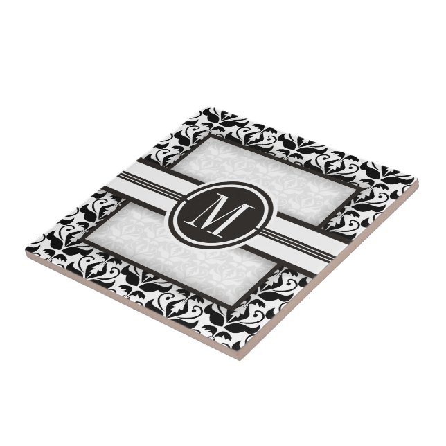 Elegant black and white damask pattern & monogram tile (Side)