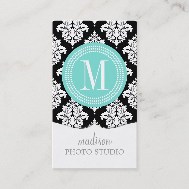 Elegant Black and White Damask Personalised Business Card (Front)