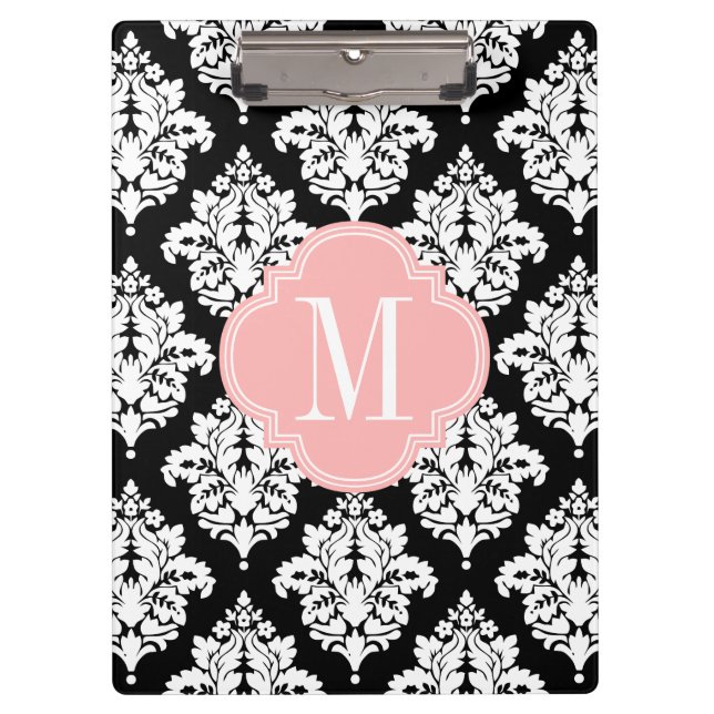 Elegant Black and White Damask Personalised Clipboard (Front)