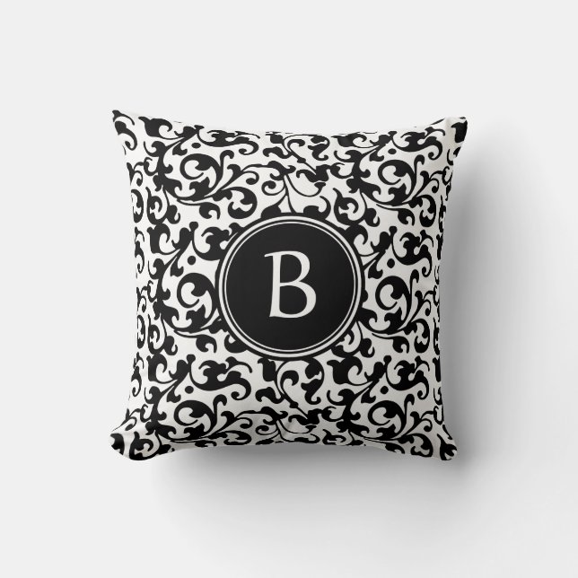 Elegant Black and White Damask Scroll Monogrammed Cushion (Front)