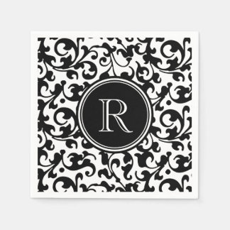 Elegant Black and White Damask Scroll Monogrammed Napkin