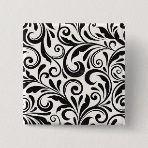 Elegant Black and White Damask Scrollwork Pattern 15 Cm Square Badge