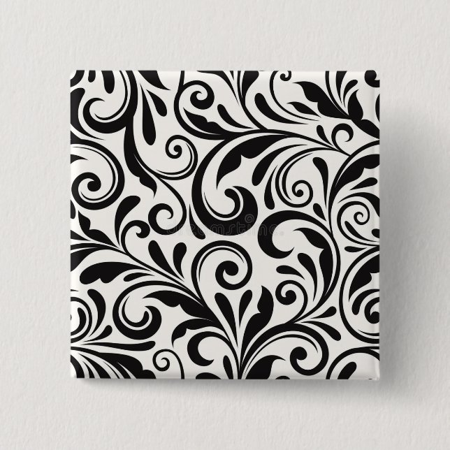 Elegant Black and White Damask Scrollwork Pattern 15 Cm Square Badge (Front)