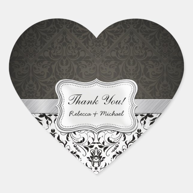 Elegant Black and White Damask Thank You Heart Sticker (Front)