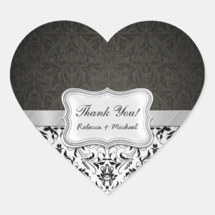 Elegant Black and White Damask Thank You Heart Sticker