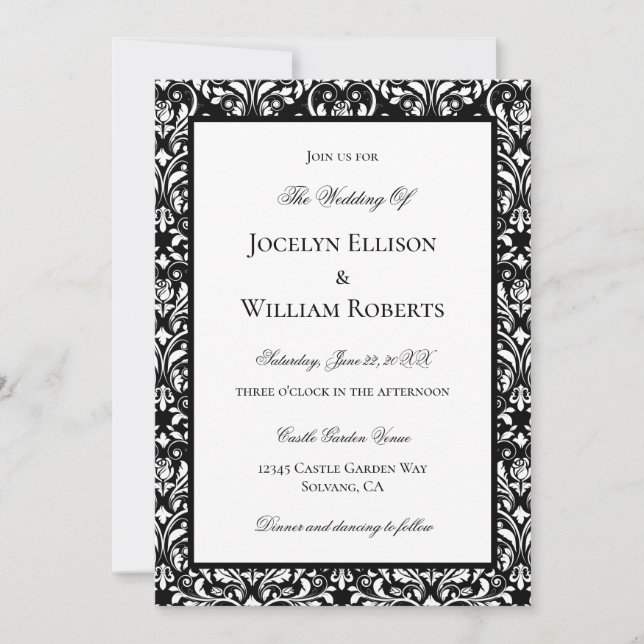 Elegant Black And White Damask Wedding Invitation (Front)
