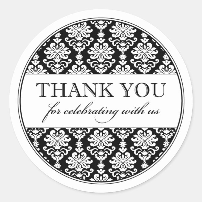 Elegant Black and White Damask Wedding Thank You Classic Round Sticker (Front)