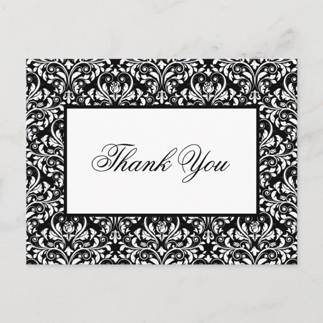 Elegant Black And White Damask Wedding Thank You Postcard (Front)