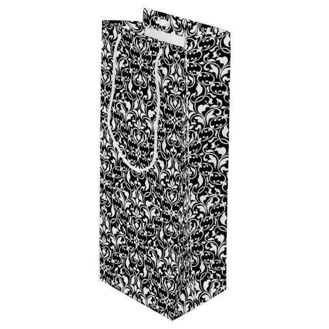 Elegant Black and White Damask Wine Gift Bag (Front Angled)