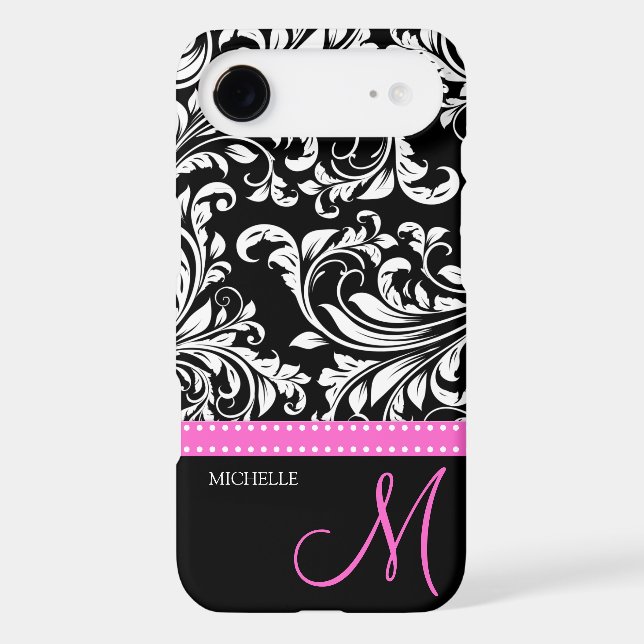 Elegant black and white Damask with Pink monogram Case-Mate iPhone Case (Back)