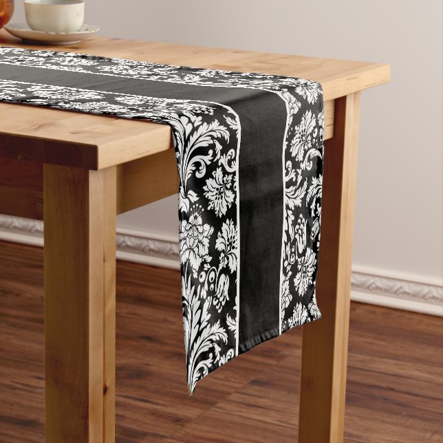 Elegant Black and White Damasks & Stripes Short Table Runner (In Situ)