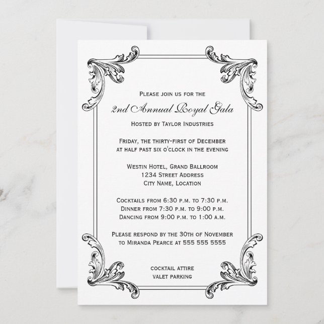 Elegant Black and White Decorative Design Invitation (Back)