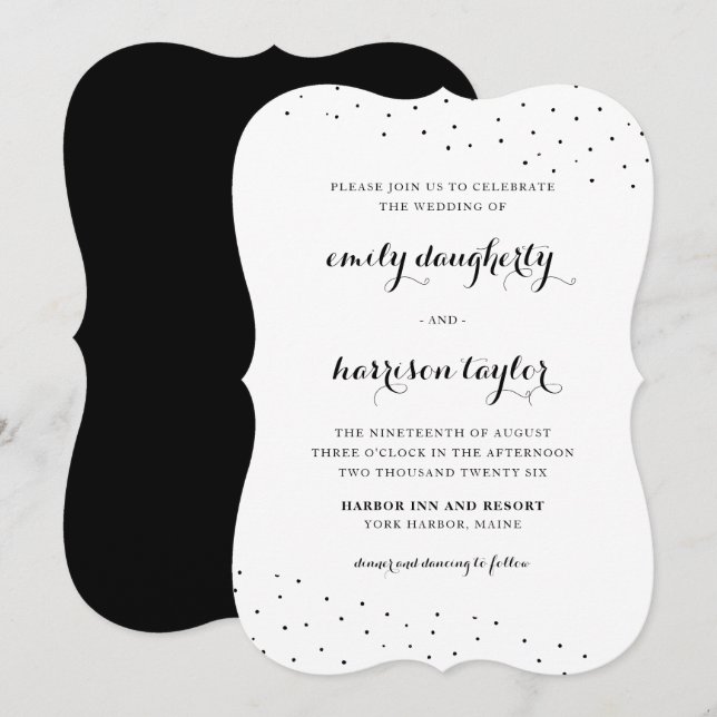 Elegant Black and White Delicate Dots Wedding Invitation (Front/Back)
