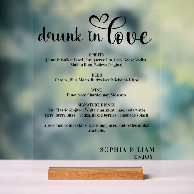 Elegant Black and White Drunk in Love Wedding Menu Acrylic Sign (Neutral)
