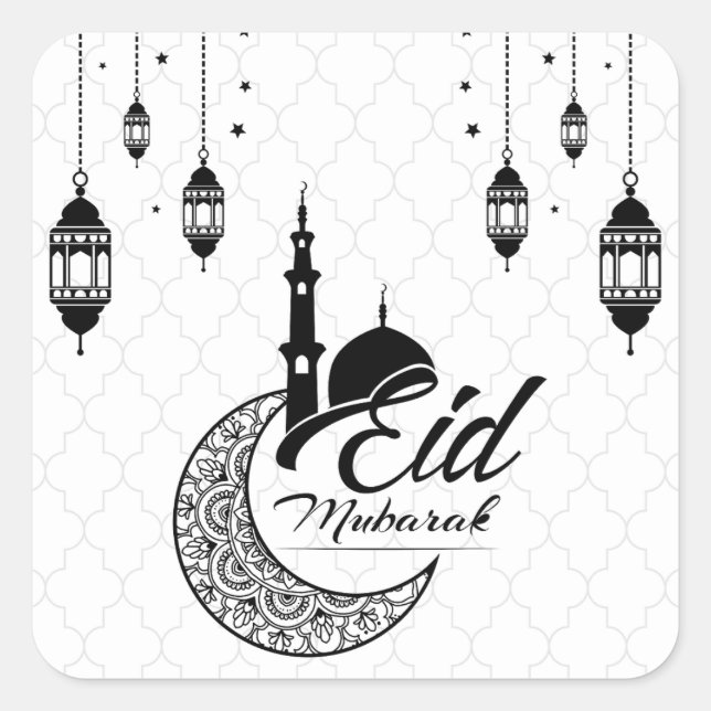 Elegant Black and White Eid Mubarak Square Sticker (Front)