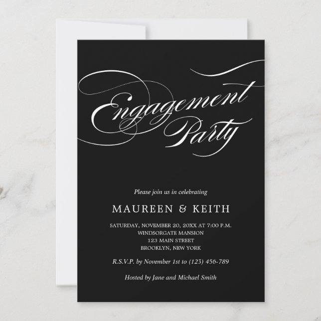 Elegant Black and White Engagement Party  Invitation (Front)