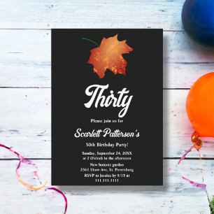 Elegant Black And White Fall Leaves 30th Birthday Invitation