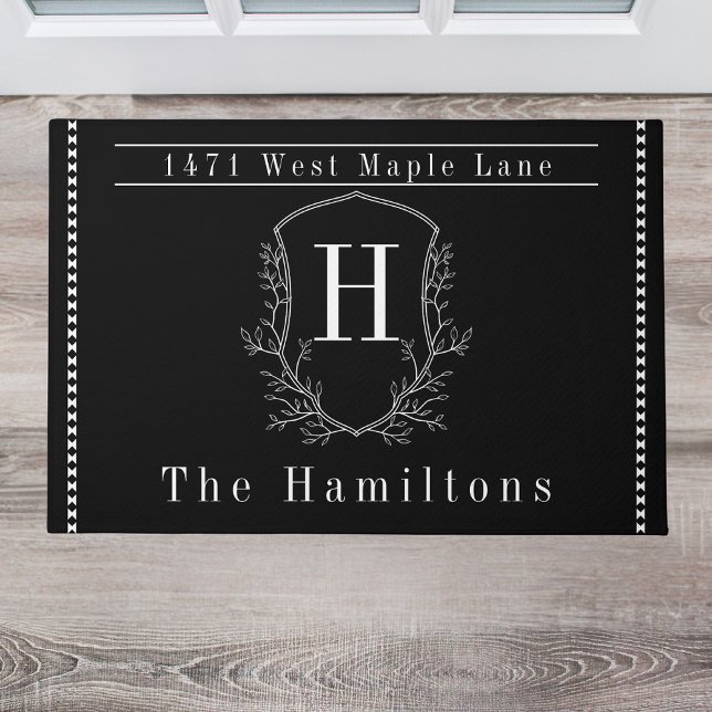 Elegant Black and white family monogram address Doormat (Creator Uploaded)