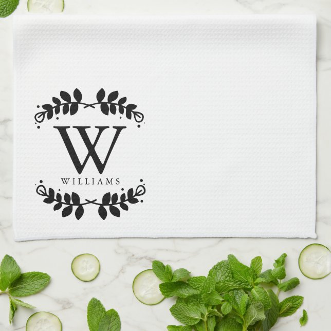 Elegant Black and White Family Monogram Tea Towel (Folded)