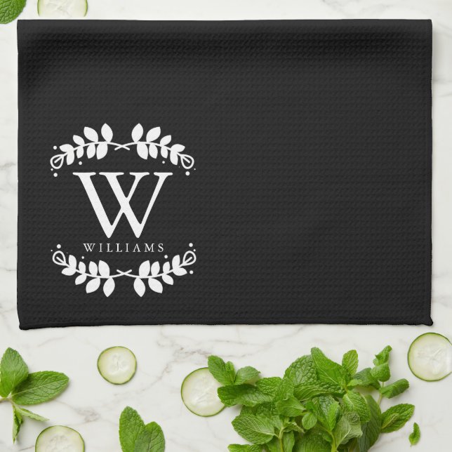 Elegant Black and White Family Monogram Tea Towel (Folded)