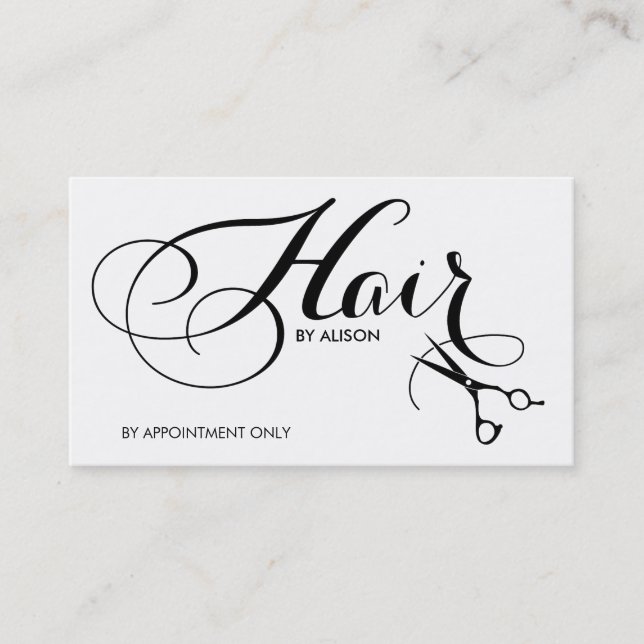 Elegant Black and White Fancy Script Hair Stylist Business Card (Front)