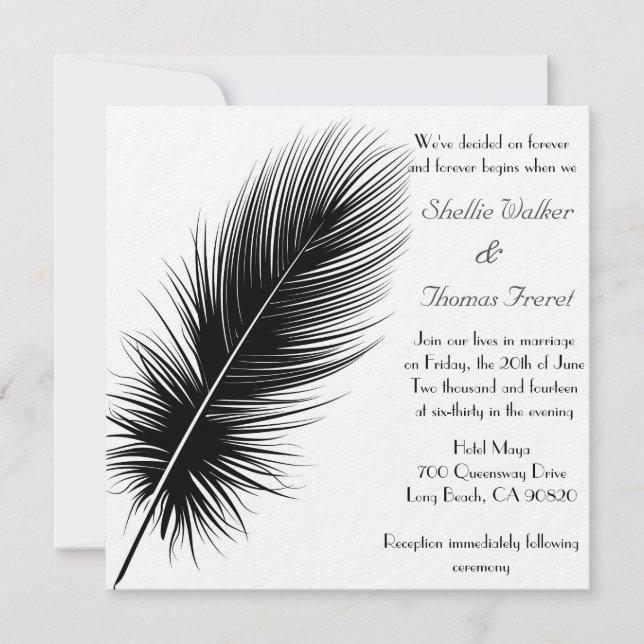 Elegant Black and White Feather Wedding Invitation (Front)