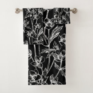 Elegant Black and White Floral  Bath Towel Set