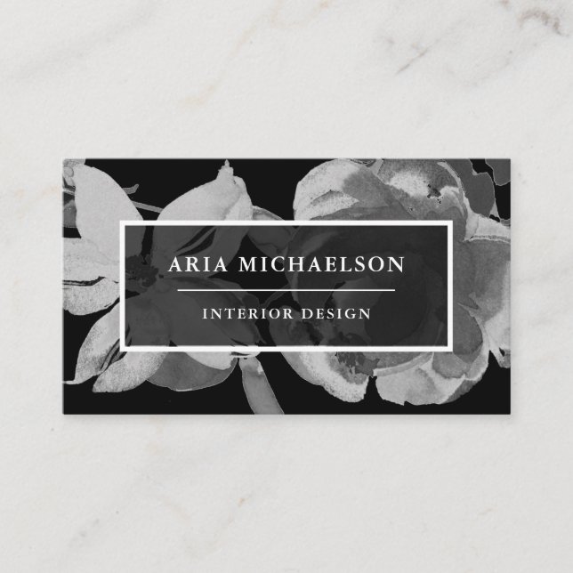 Elegant Black and White Floral Business Card (Front)