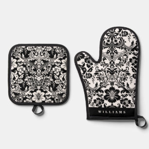 Elegant Black and White Floral Damask Pattern Oven Mitt & Pot Holder Set