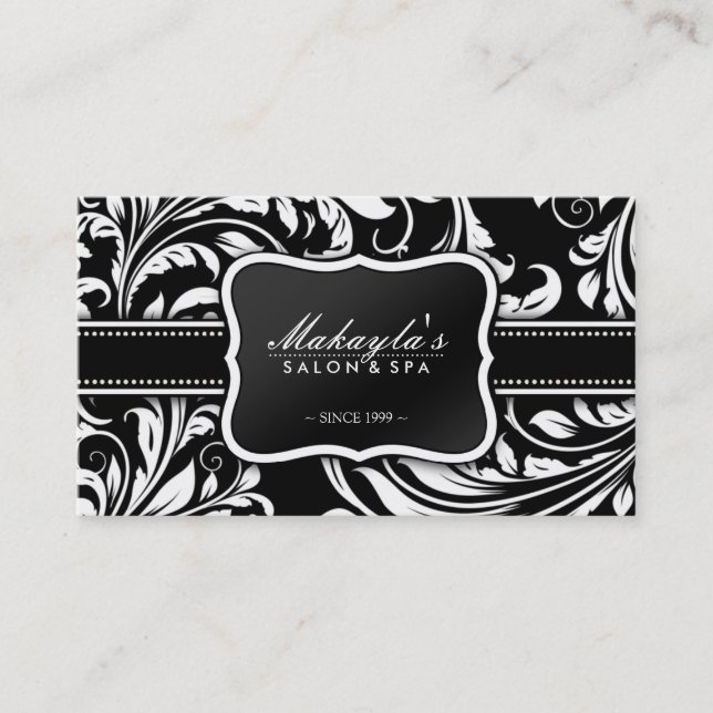 Elegant Black and White Floral Damask Salon Business Card (Front)