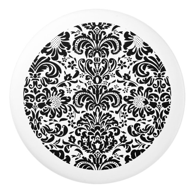 Elegant Black And White Floral Damasks Ceramic Knob (Front)
