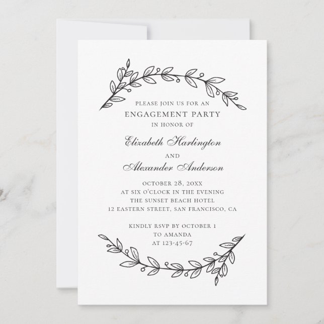 Elegant black and white floral engagement party invitation (Front)