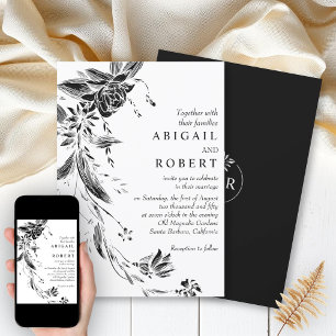 Elegant black and white floral garland wedding invitation