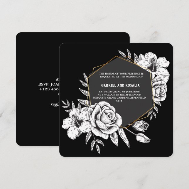 Elegant Black and White Floral Geometric Wedding Invitation (Front/Back)
