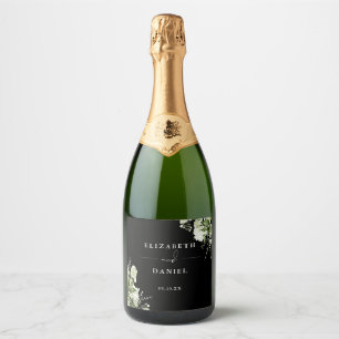 Elegant Black And White Floral Greenery Wedding Sparkling Wine Label