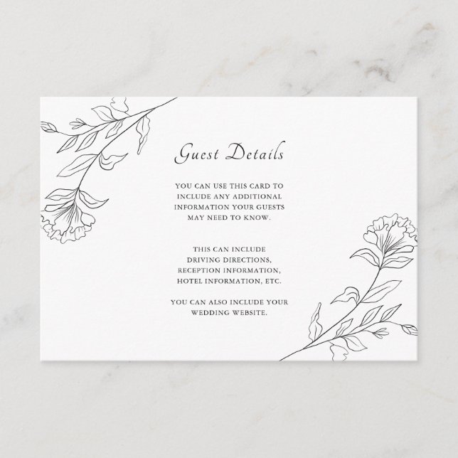 Elegant Black and White Floral Guest Details Enclosure Card (Front)