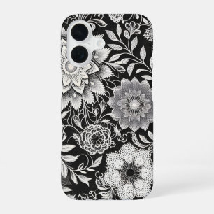 Elegant Black and White Floral Lace Pattern iPhone 16 Case