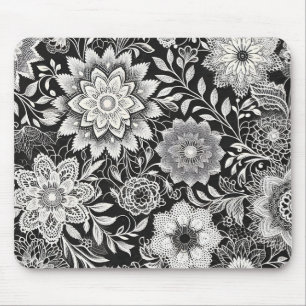 Elegant Black and White Floral Lace Pattern Mouse Mat
