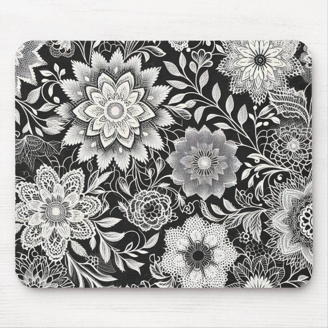 Elegant Black and White Floral Lace Pattern Mouse Mat (Front)
