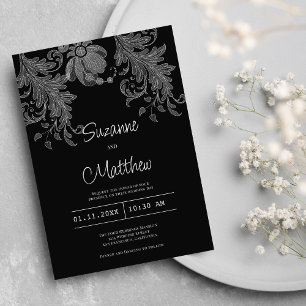  Elegant black and white floral lace wedding  Invitation