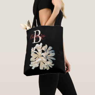 Elegant Black and White Floral Monogram Name Tote Bag