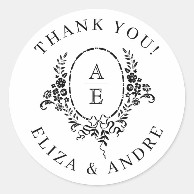 Elegant Black and White Floral Monogram Wedding Classic Round Sticker (Front)