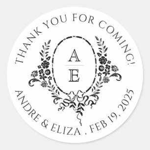 Elegant Black and White Floral Monogram Wedding Classic Round Sticker