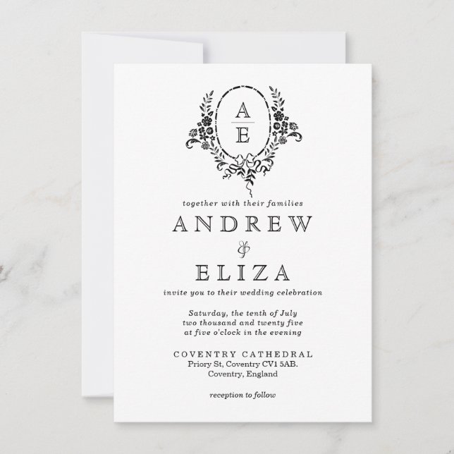 Elegant Black and White Floral Monogram  Wedding Invitation (Front)