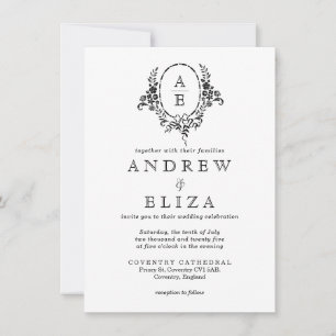 Elegant Black and White Floral Monogram Wedding Invitation