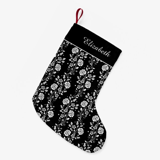 Elegant Black And White Floral Name Small Christmas Stocking (Front (Hanging))