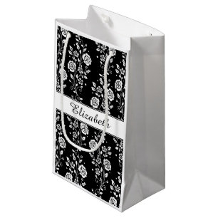 Elegant Black And White Floral Pattern Name Small Gift Bag
